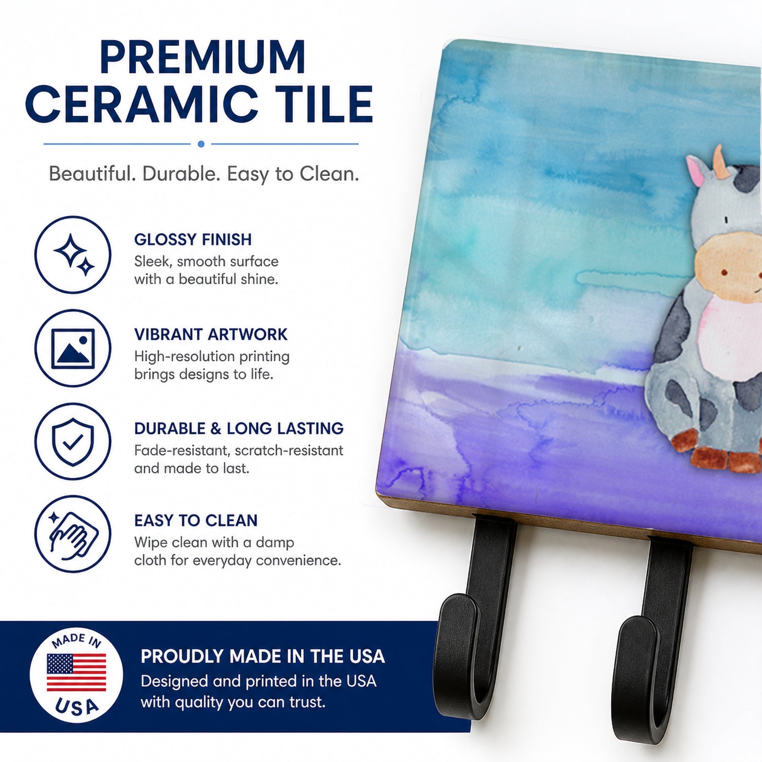Cow Watercolor Leash or Key Holder Wall Hooks, Coat Rack Wall Mount, for Hanging Keys, Towels, Aprons, Leashes