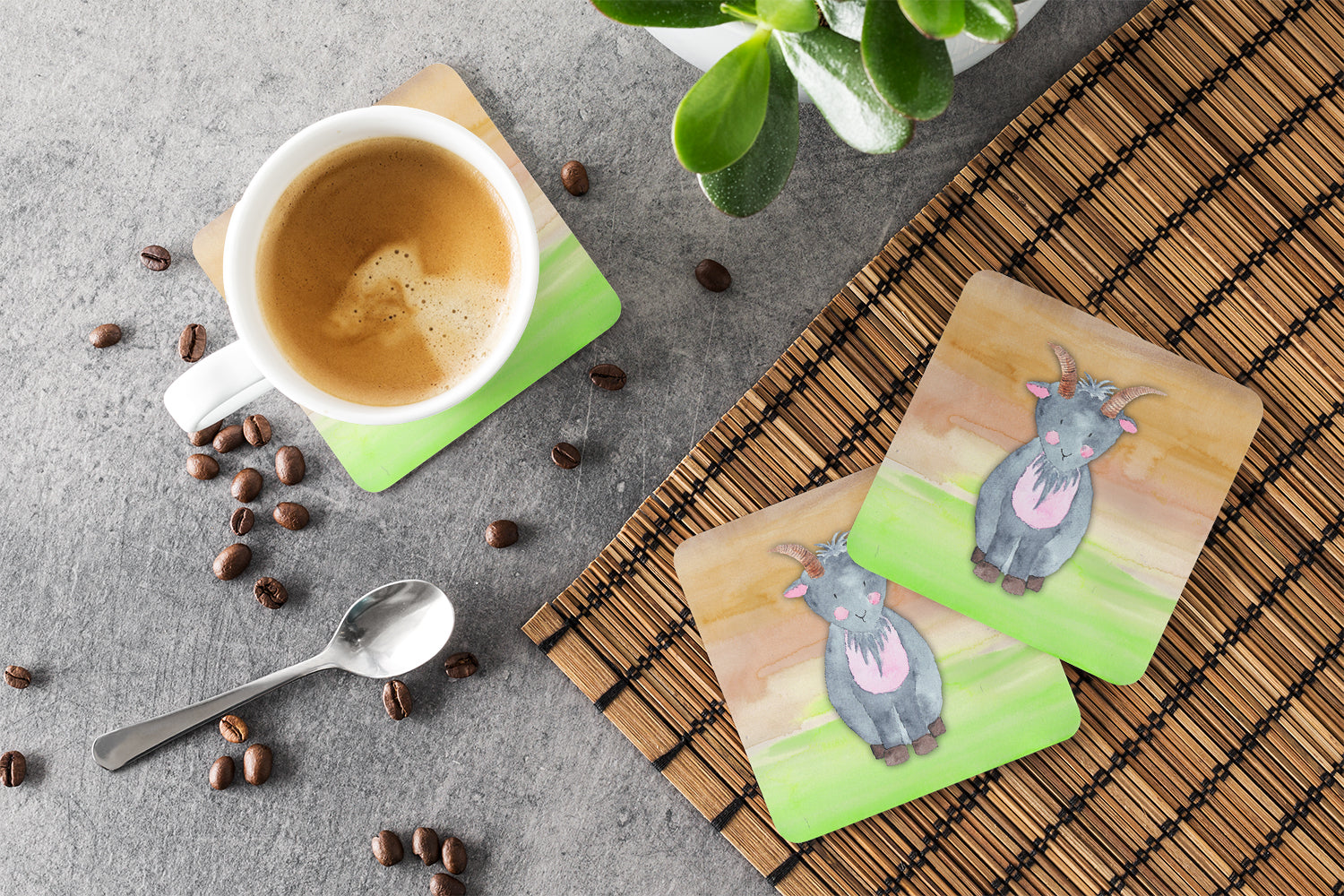 Goat Watercolor Foam Coasters Set of 4 Cup Coasters for Indoor Outdoor, Tabletop Protection, Anti Slip, Mouse pad Material