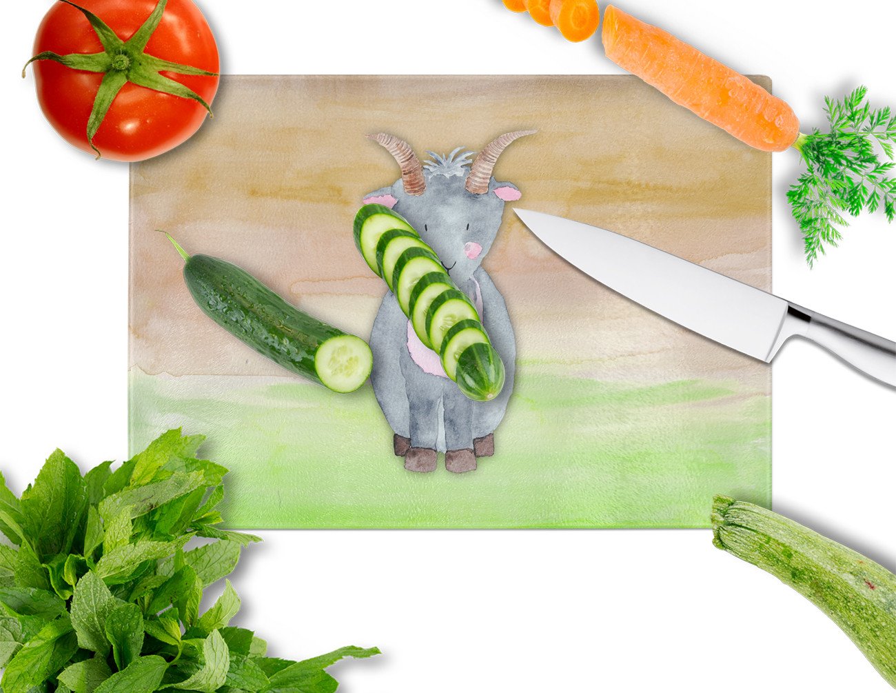 Goat Watercolor Cutting Board Tempered Glass Kitchen Cutting Surface, Heat Resistant Chopping, Non-Slip Feet, Food Prep & Serving