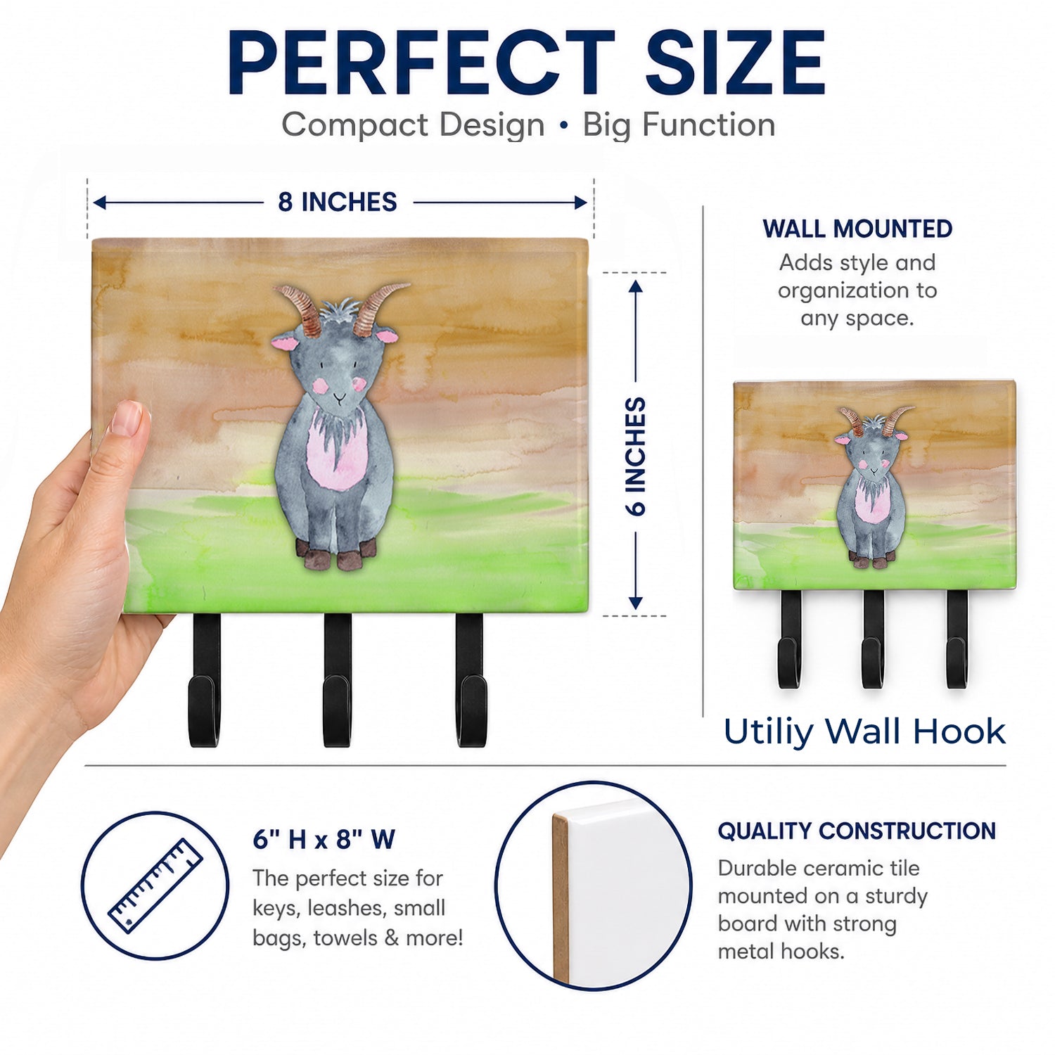 Goat Watercolor Leash or Key Holder Wall Hooks, Coat Rack Wall Mount, for Hanging Keys, Towels, Aprons, Leashes