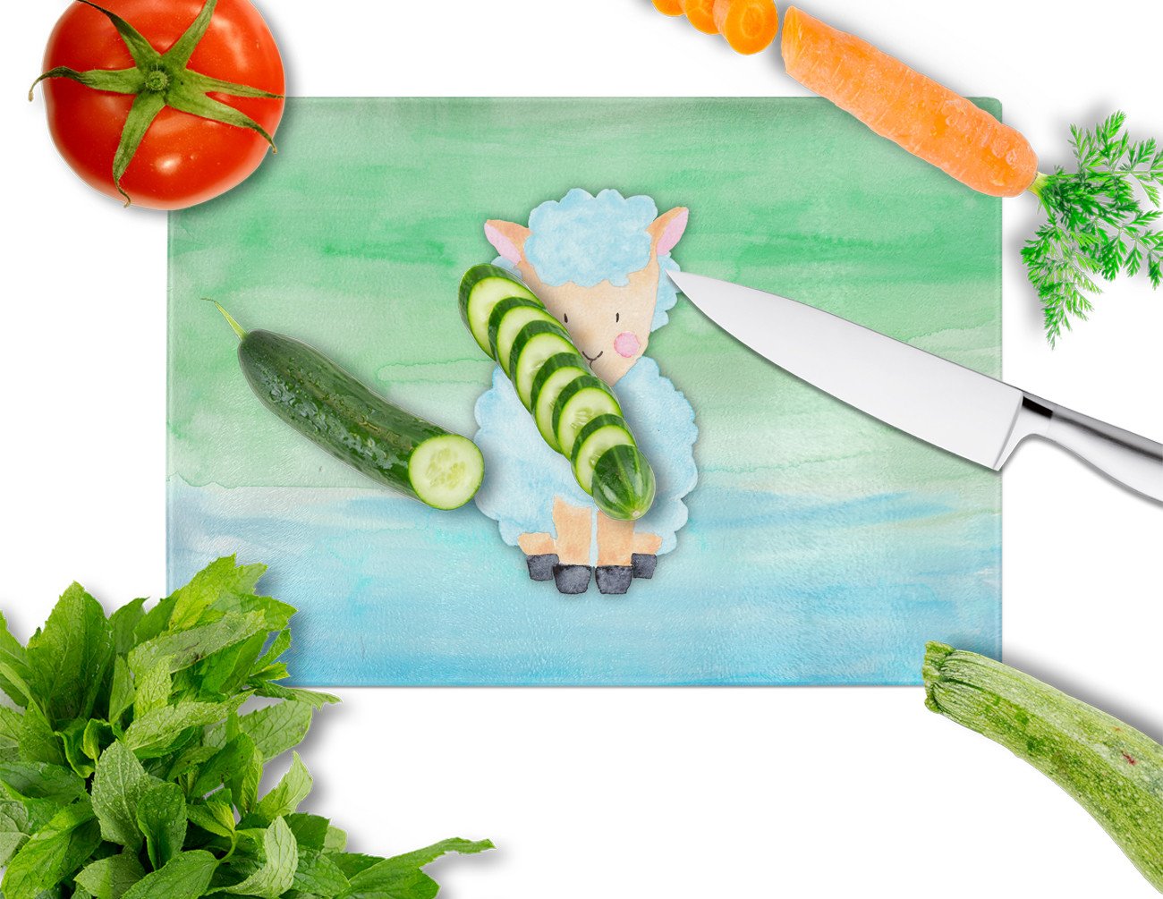 Sheep Lamb Watercolor Cutting Board Tempered Glass Kitchen Cutting Surface, Heat Resistant Chopping, Non-Slip Feet, Food Prep & Serving