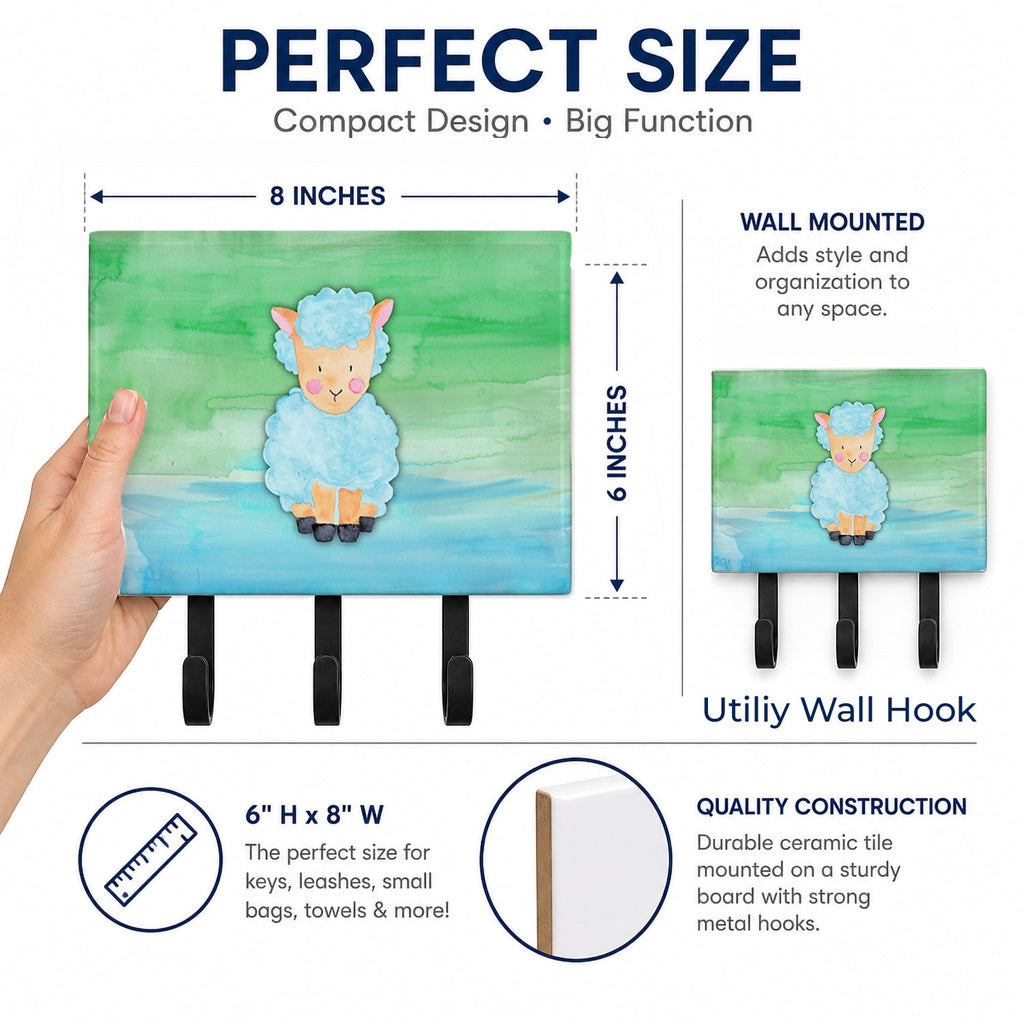 Sheep Lamb Watercolor Leash or Key Holder Wall Hooks, Coat Rack Wall Mount, for Hanging Keys, Towels, Aprons, Leashes