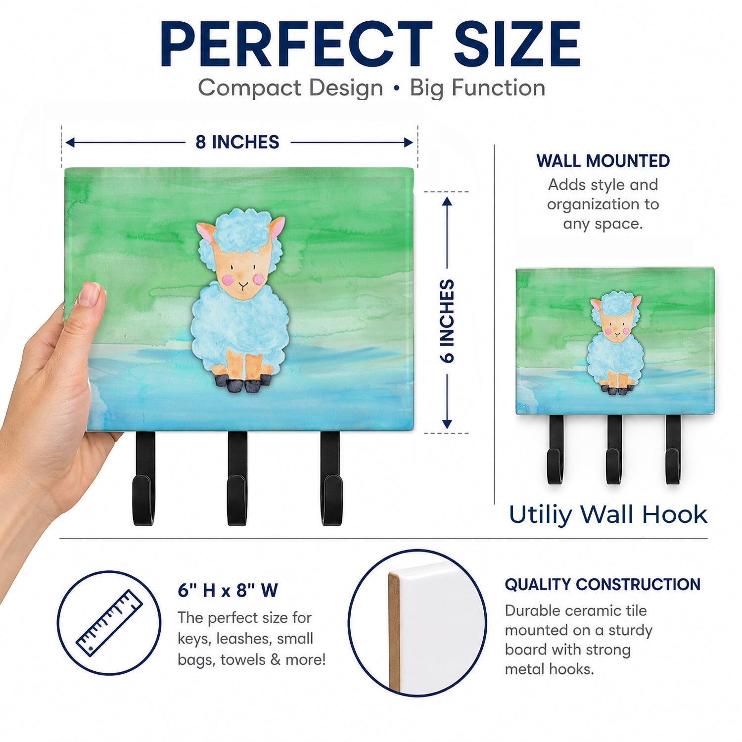 Sheep Lamb Watercolor Leash or Key Holder Wall Hooks, Coat Rack Wall Mount, for Hanging Keys, Towels, Aprons, Leashes
