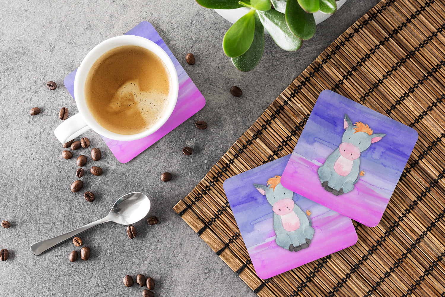 Donkey Watercolor Foam Coasters Set of 4 Cup Coasters for Indoor Outdoor, Tabletop Protection, Anti Slip, Mouse pad Material