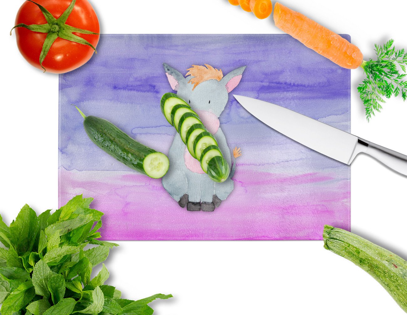 Donkey Watercolor Cutting Board Tempered Glass Kitchen Cutting Surface, Heat Resistant Chopping, Non-Slip Feet, Food Prep & Serving