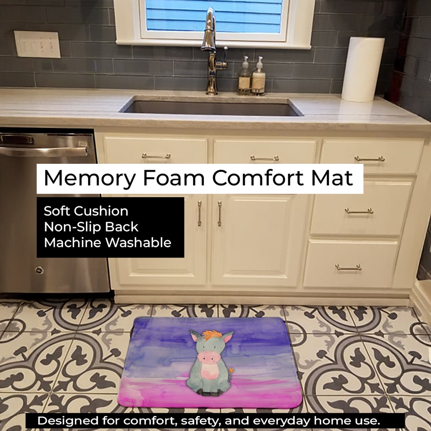 Donkey Watercolor Memory Foam Kitchen Mat Machine Washable Anti-Fatigue Cushion Comfort Bath or Kitchen Rug