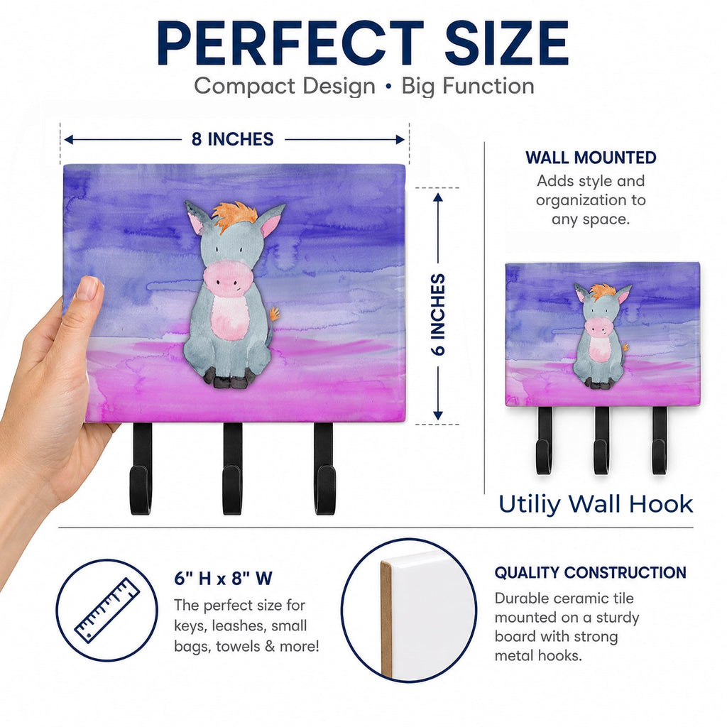 Donkey Watercolor Leash or Key Holder Wall Hooks, Coat Rack Wall Mount, for Hanging Keys, Towels, Aprons, Leashes