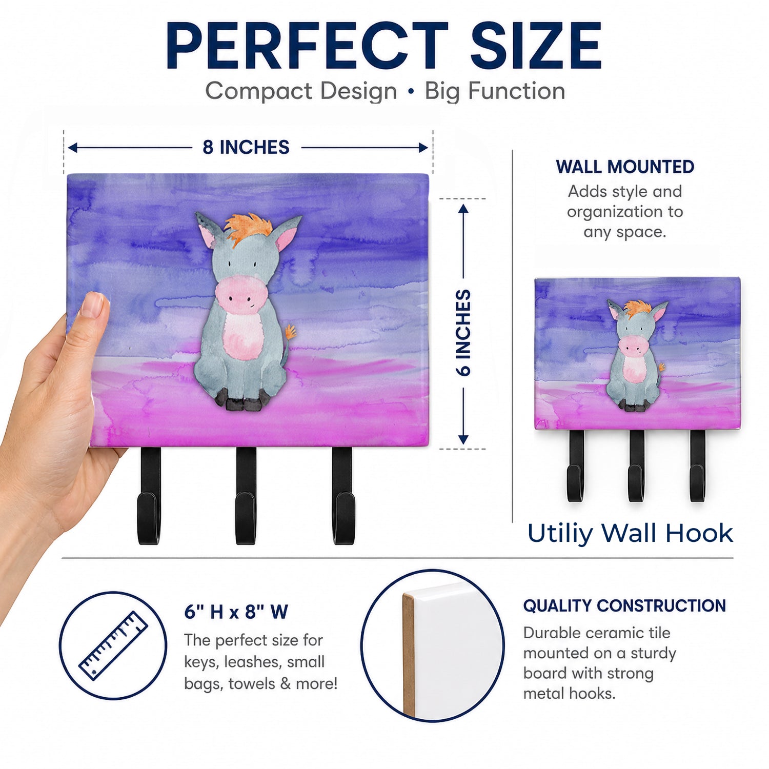 Donkey Watercolor Leash or Key Holder Wall Hooks, Coat Rack Wall Mount, for Hanging Keys, Towels, Aprons, Leashes