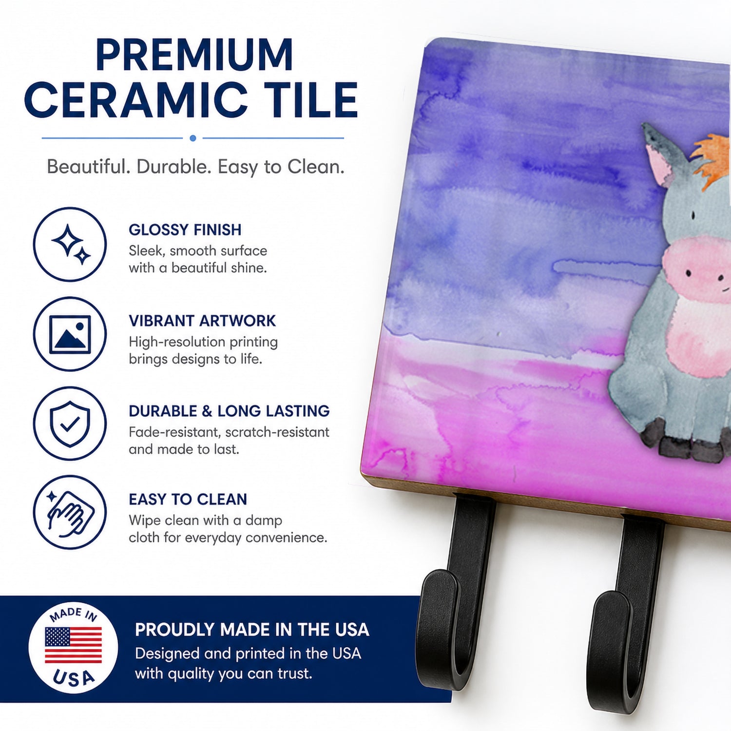 Donkey Watercolor Leash or Key Holder Wall Hooks, Coat Rack Wall Mount, for Hanging Keys, Towels, Aprons, Leashes