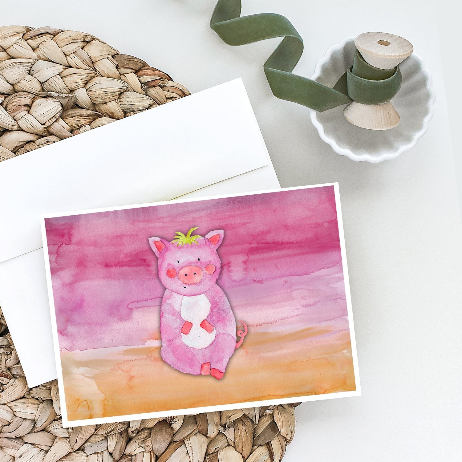 Pig Watercolor Greeting Cards Pack of 8 Blank Cards with Envelopes Whimsical A7 Size 5x7