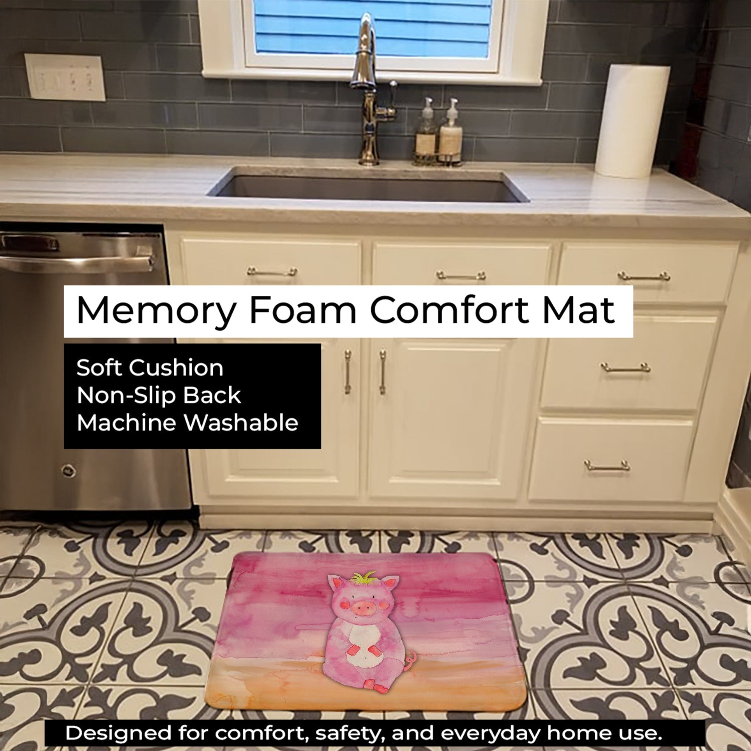 Pig Watercolor Memory Foam Kitchen Mat Machine Washable Anti-Fatigue Cushion Comfort Bath or Kitchen Rug