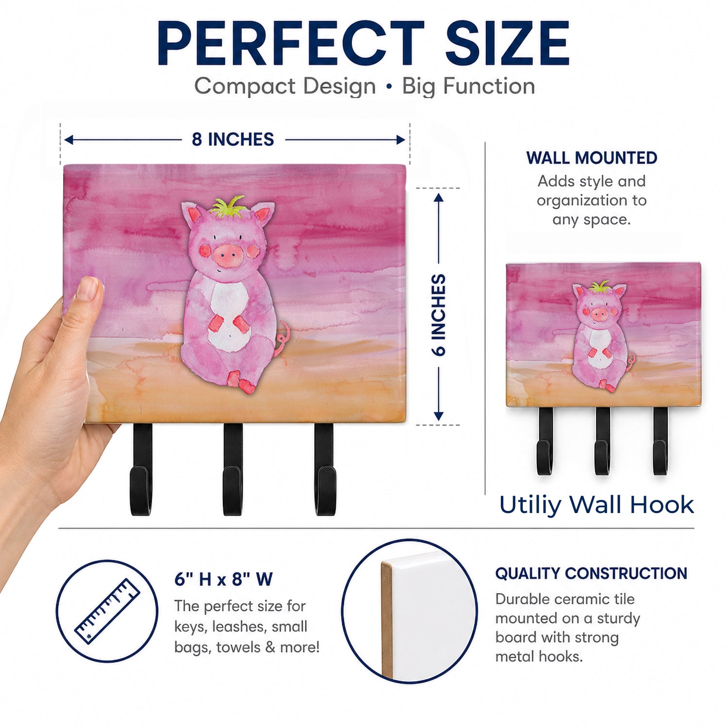 Pig Watercolor Leash or Key Holder Wall Hooks, Coat Rack Wall Mount, for Hanging Keys, Towels, Aprons, Leashes