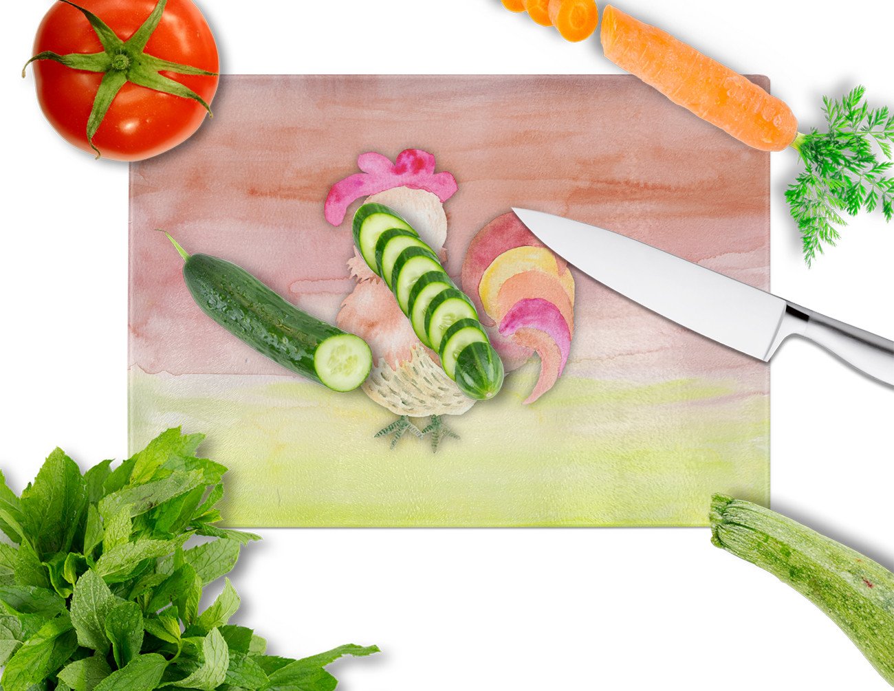 Rooster Watercolor Cutting Board Tempered Glass Kitchen Cutting Surface, Heat Resistant Chopping, Non-Slip Feet, Food Prep & Serving