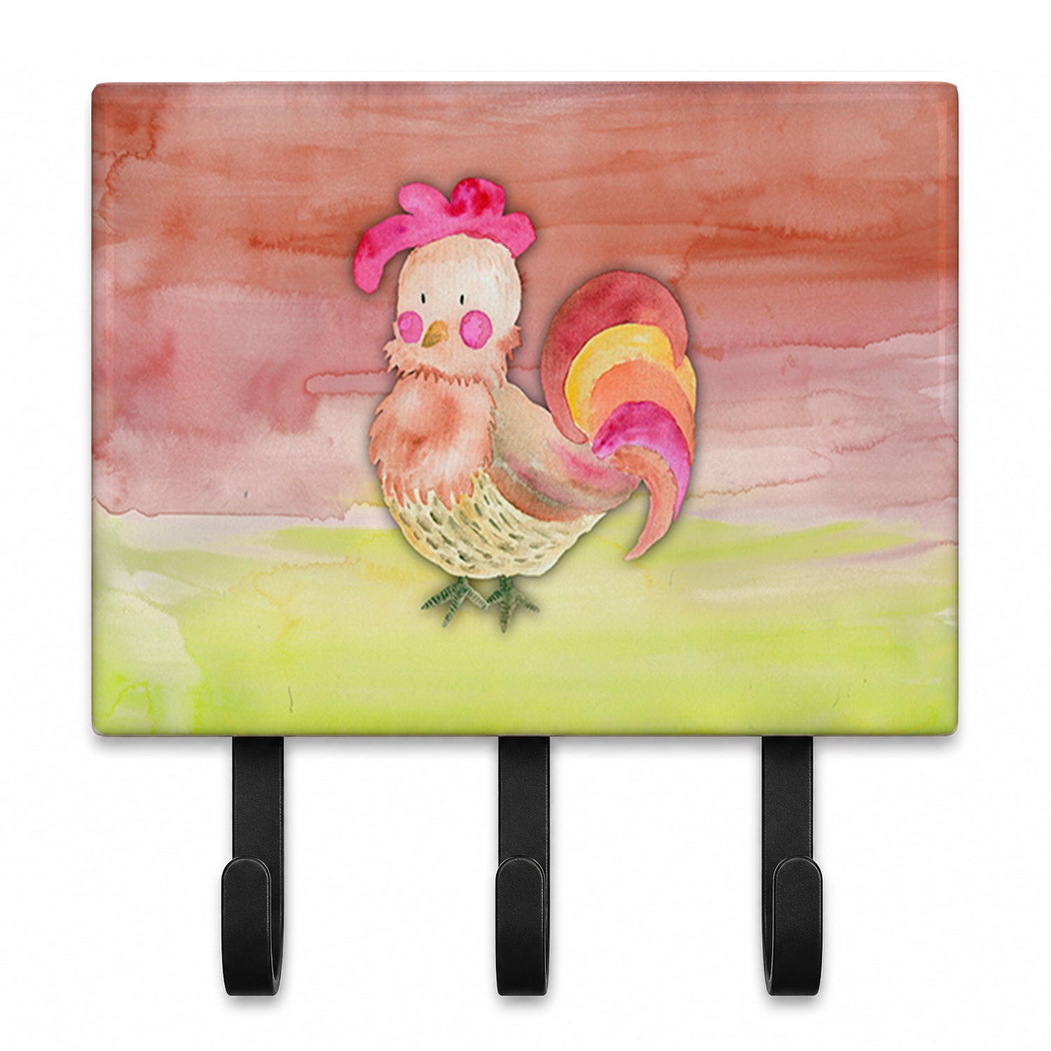 Rooster Watercolor Leash or Key Holder Wall Hooks, Coat Rack Wall Mount, for Hanging Keys, Towels, Aprons, Leashes