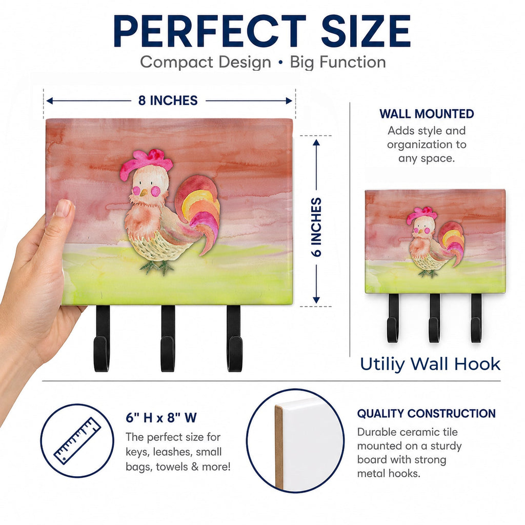 Rooster Watercolor Leash or Key Holder Wall Hooks, Coat Rack Wall Mount, for Hanging Keys, Towels, Aprons, Leashes