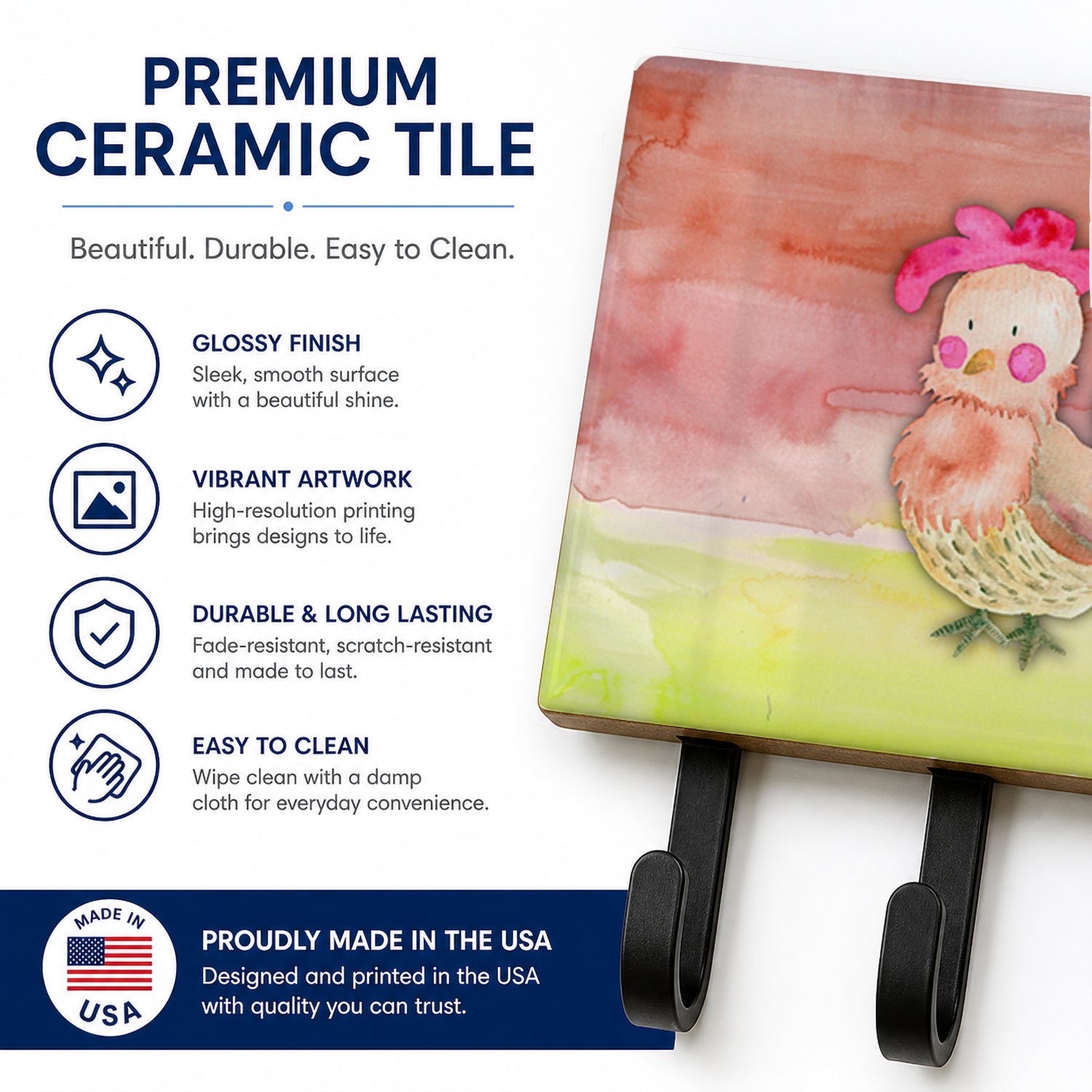 Rooster Watercolor Leash or Key Holder Wall Hooks, Coat Rack Wall Mount, for Hanging Keys, Towels, Aprons, Leashes