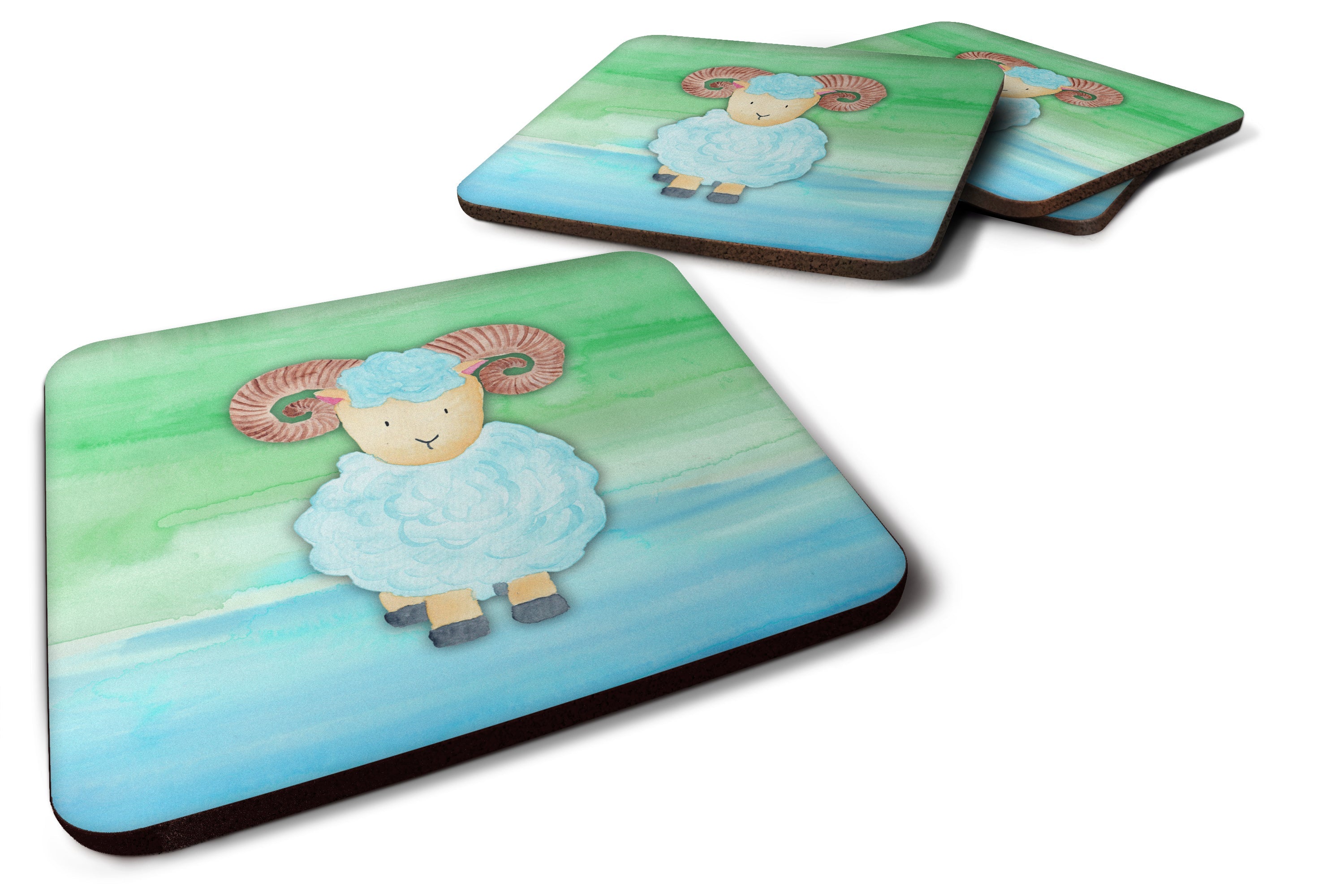 Ram Sheep Watercolor Foam Coasters Set of 4 Cup Coasters for Indoor Outdoor, Tabletop Protection, Anti Slip, Mouse pad Material
