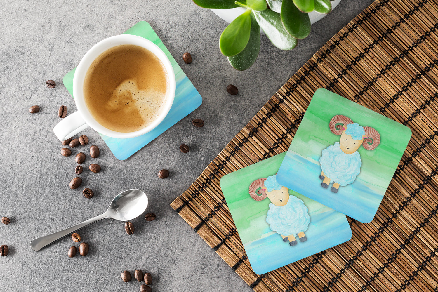 Ram Sheep Watercolor Foam Coasters Set of 4 Cup Coasters for Indoor Outdoor, Tabletop Protection, Anti Slip, Mouse pad Material