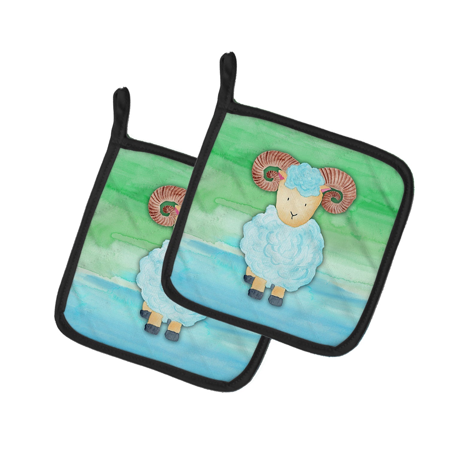 Ram Sheep Watercolor Pot Holder Set of 2 Heat Resistant Quilted Hot Pads 7.5 x 7.5 Inch, Insulated Kitchen Trivets for Cooking & Baking
