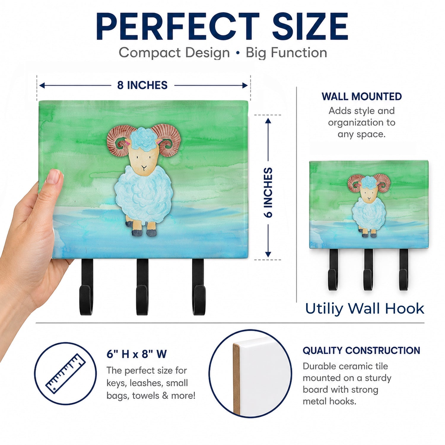 Ram Sheep Watercolor Leash or Key Holder Wall Hooks, Coat Rack Wall Mount, for Hanging Keys, Towels, Aprons, Leashes