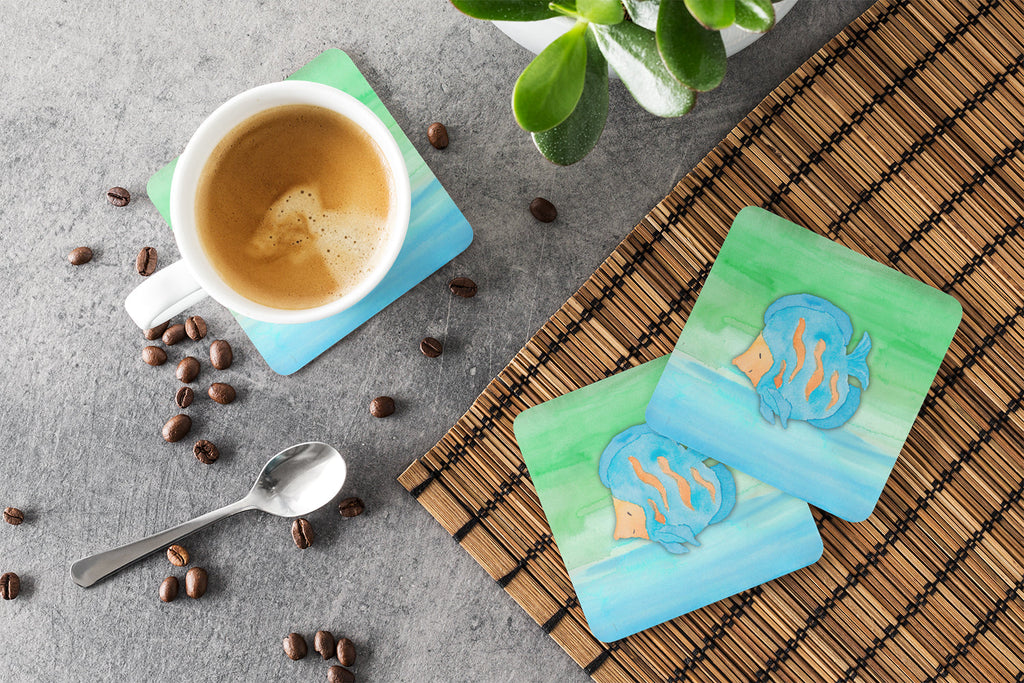 Blue Fish Watercolor Foam Coasters Set of 4 Cup Coasters for Indoor Outdoor, Tabletop Protection, Anti Slip, Mouse pad Material