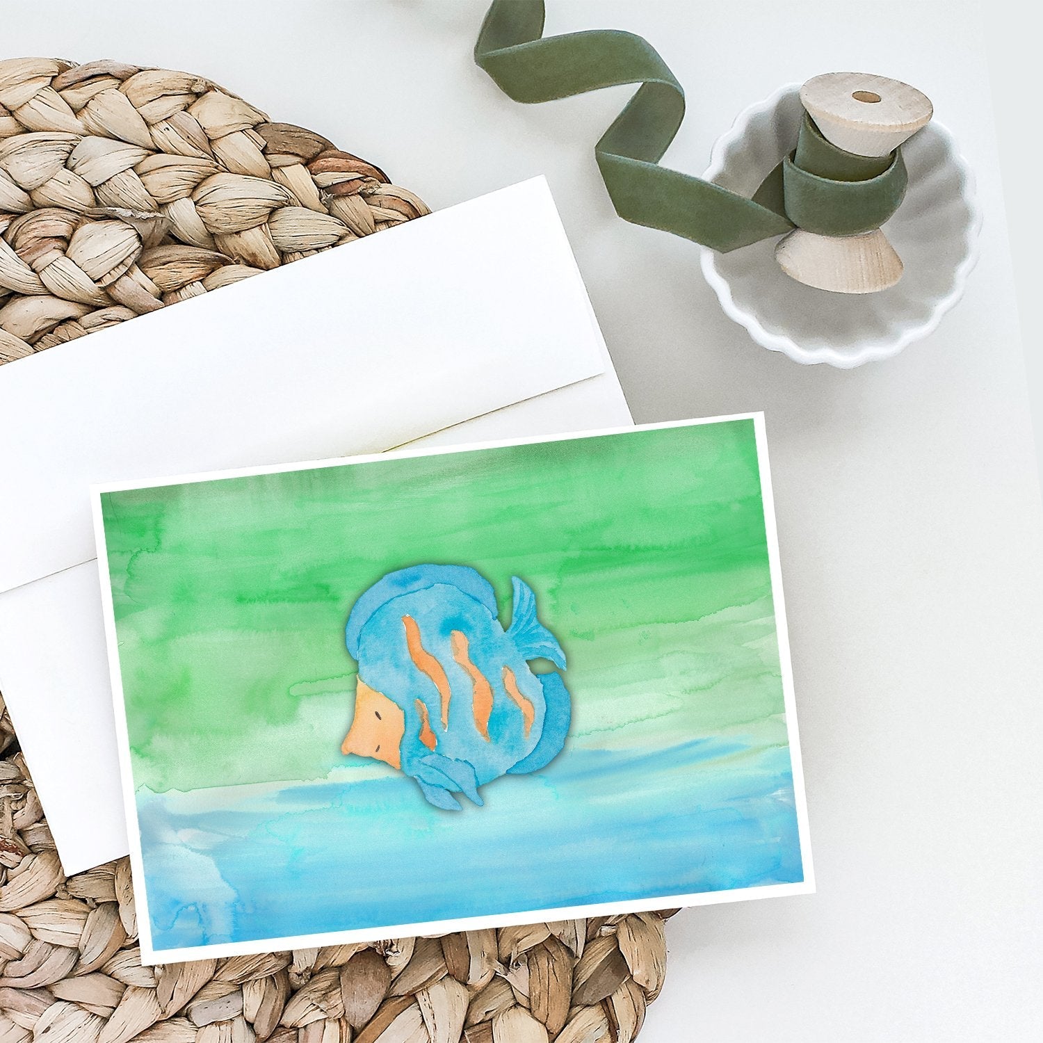 Blue Fish Watercolor Greeting Cards Pack of 8 Blank Cards with Envelopes Whimsical A7 Size 5x7
