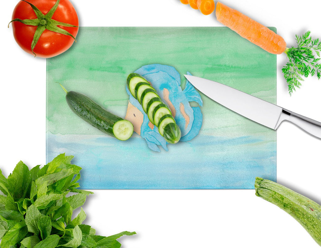 Blue Fish Watercolor Cutting Board Tempered Glass Kitchen Cutting Surface, Heat Resistant Chopping, Non-Slip Feet, Food Prep & Serving