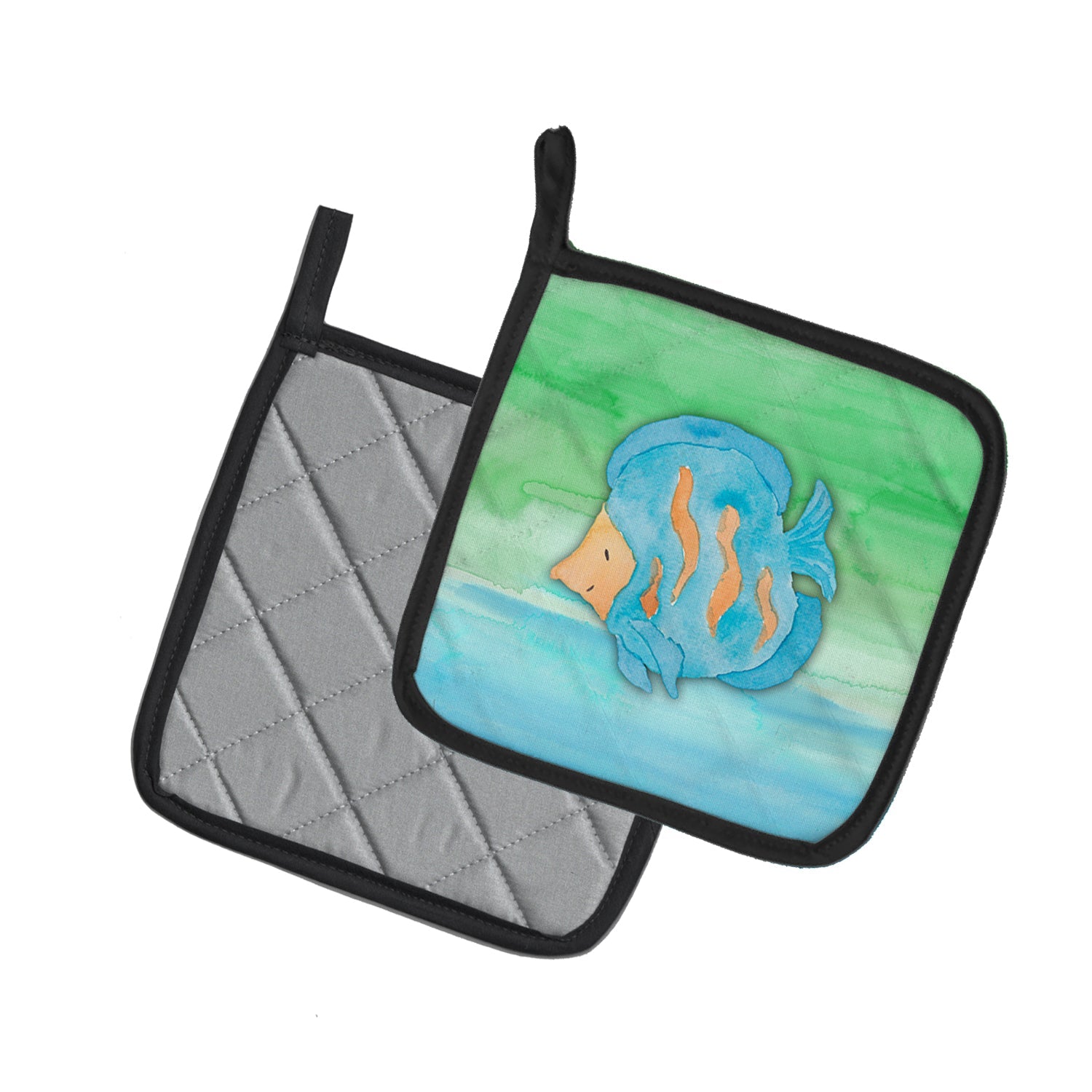 Blue Fish Watercolor Pot Holder Set of 2 Heat Resistant Quilted Hot Pads 7.5 x 7.5 Inch, Insulated Kitchen Trivets for Cooking & Baking