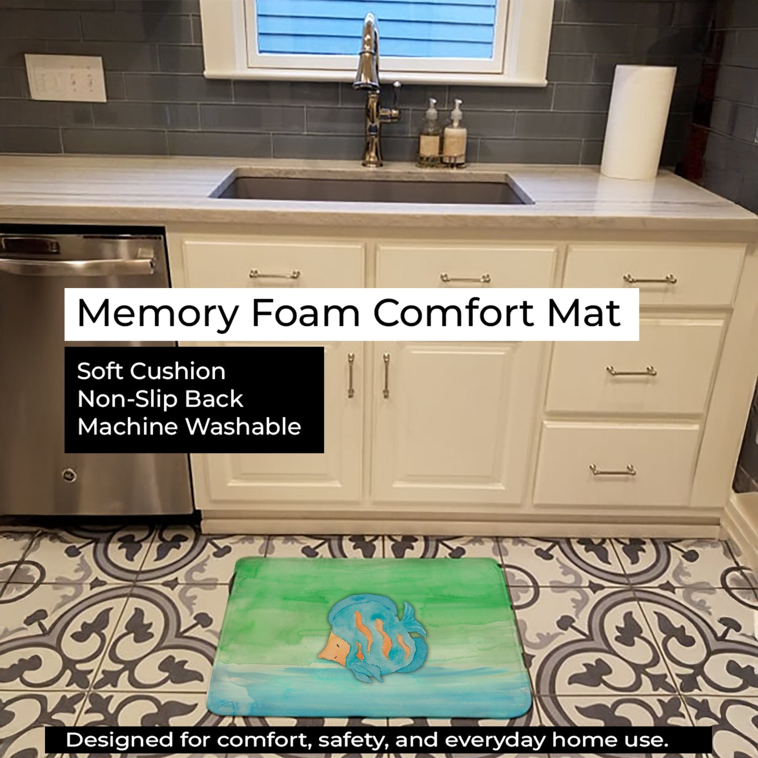 Blue Fish Watercolor Memory Foam Kitchen Mat Machine Washable Anti-Fatigue Cushion Comfort Bath or Kitchen Rug