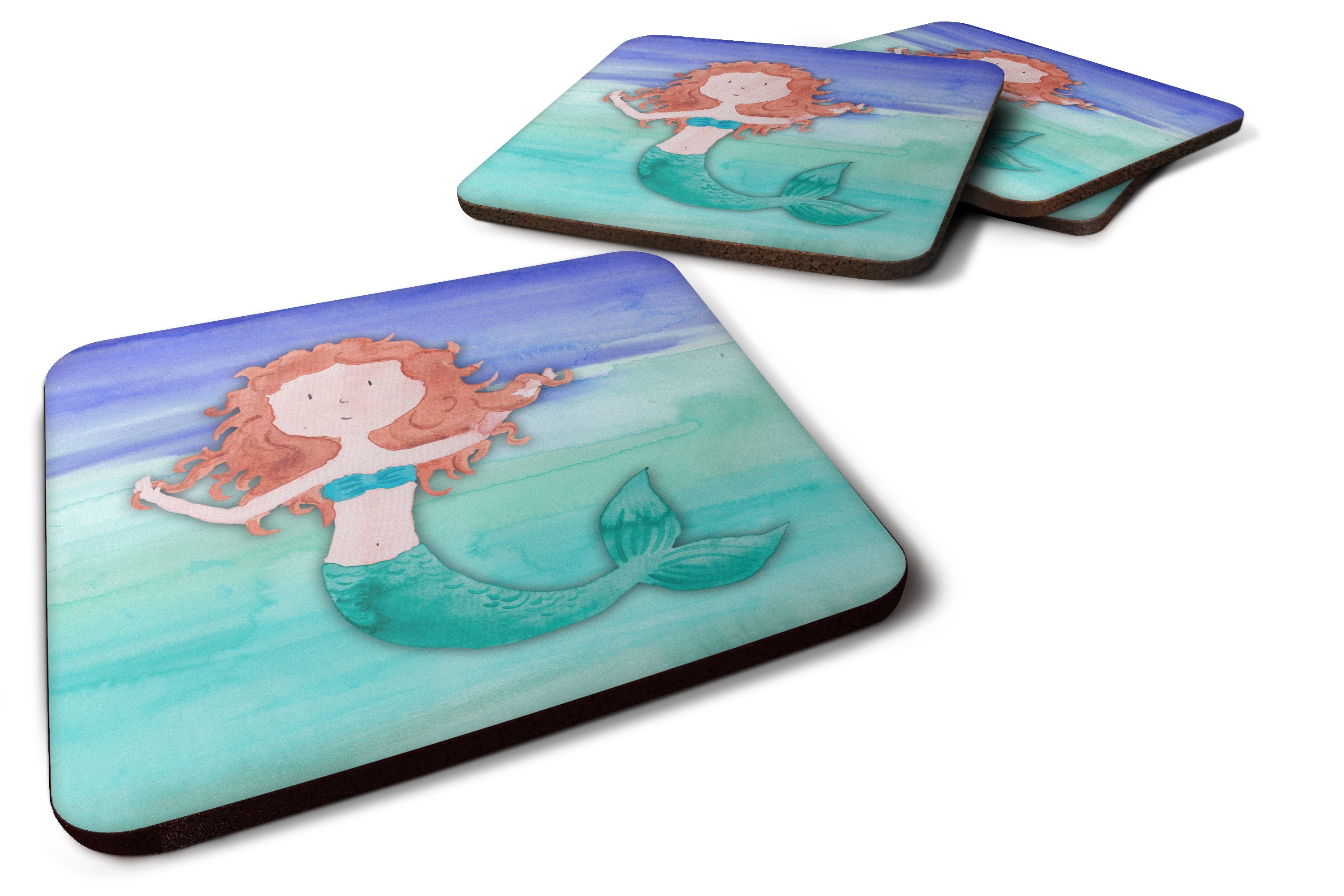 Ginger Mermaid Watercolor Foam Coasters Set of 4 Cup Coasters for Indoor Outdoor, Tabletop Protection, Anti Slip, Mouse pad Material