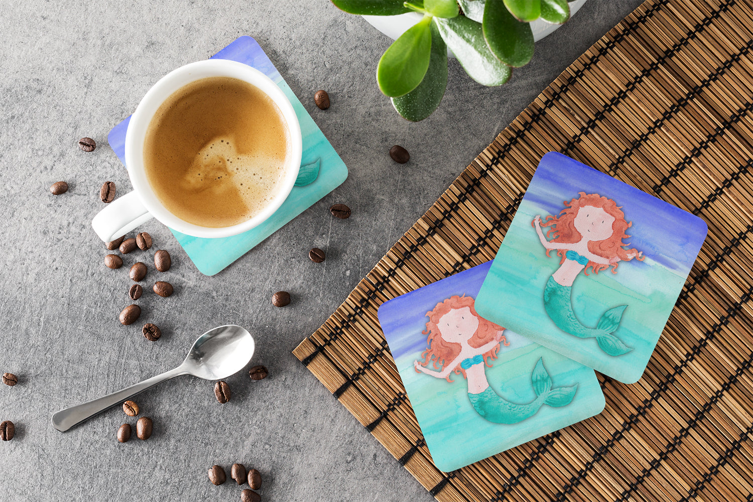 Ginger Mermaid Watercolor Foam Coasters Set of 4 Cup Coasters for Indoor Outdoor, Tabletop Protection, Anti Slip, Mouse pad Material