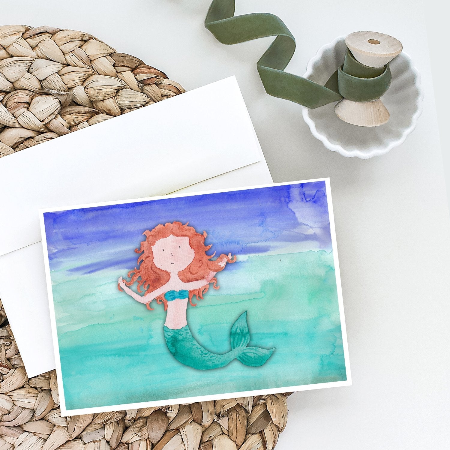 Ginger Mermaid Watercolor Greeting Cards Pack of 8 Blank Cards with Envelopes Whimsical A7 Size 5x7