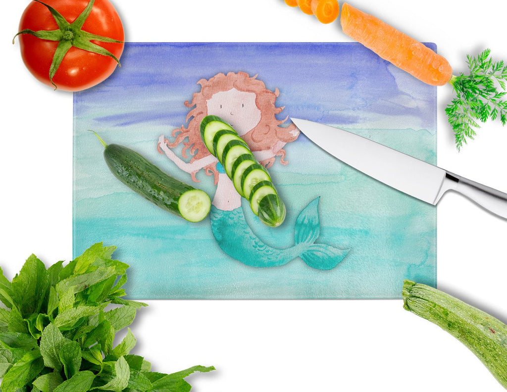 Ginger Mermaid Watercolor Cutting Board Tempered Glass Kitchen Cutting Surface, Heat Resistant Chopping, Non-Slip Feet, Food Prep & Serving