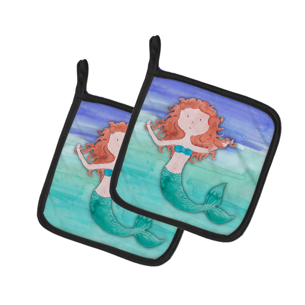 Ginger Mermaid Watercolor Pot Holder Set of 2 Heat Resistant Quilted Hot Pads 7.5 x 7.5 Inch, Insulated Kitchen Trivets for Cooking & Baking