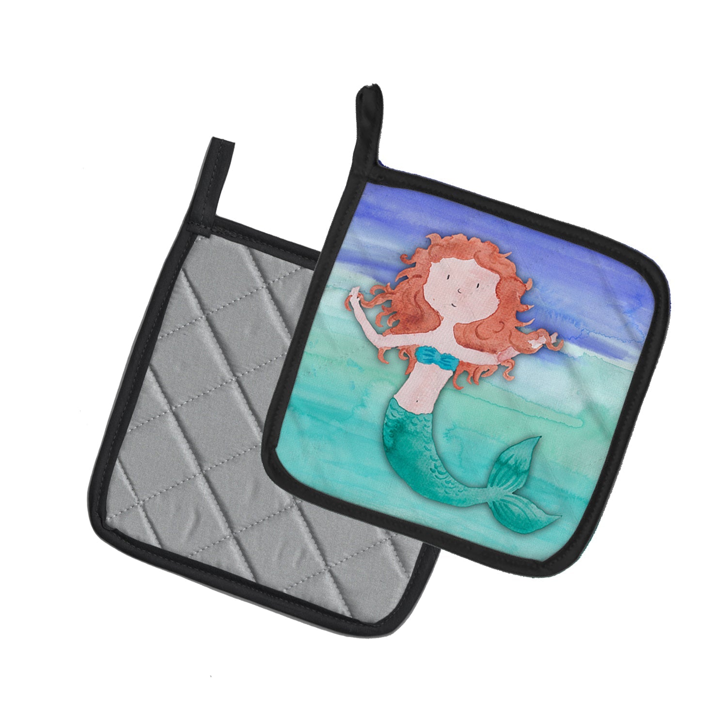Ginger Mermaid Watercolor Pot Holder Set of 2 Heat Resistant Quilted Hot Pads 7.5 x 7.5 Inch, Insulated Kitchen Trivets for Cooking & Baking