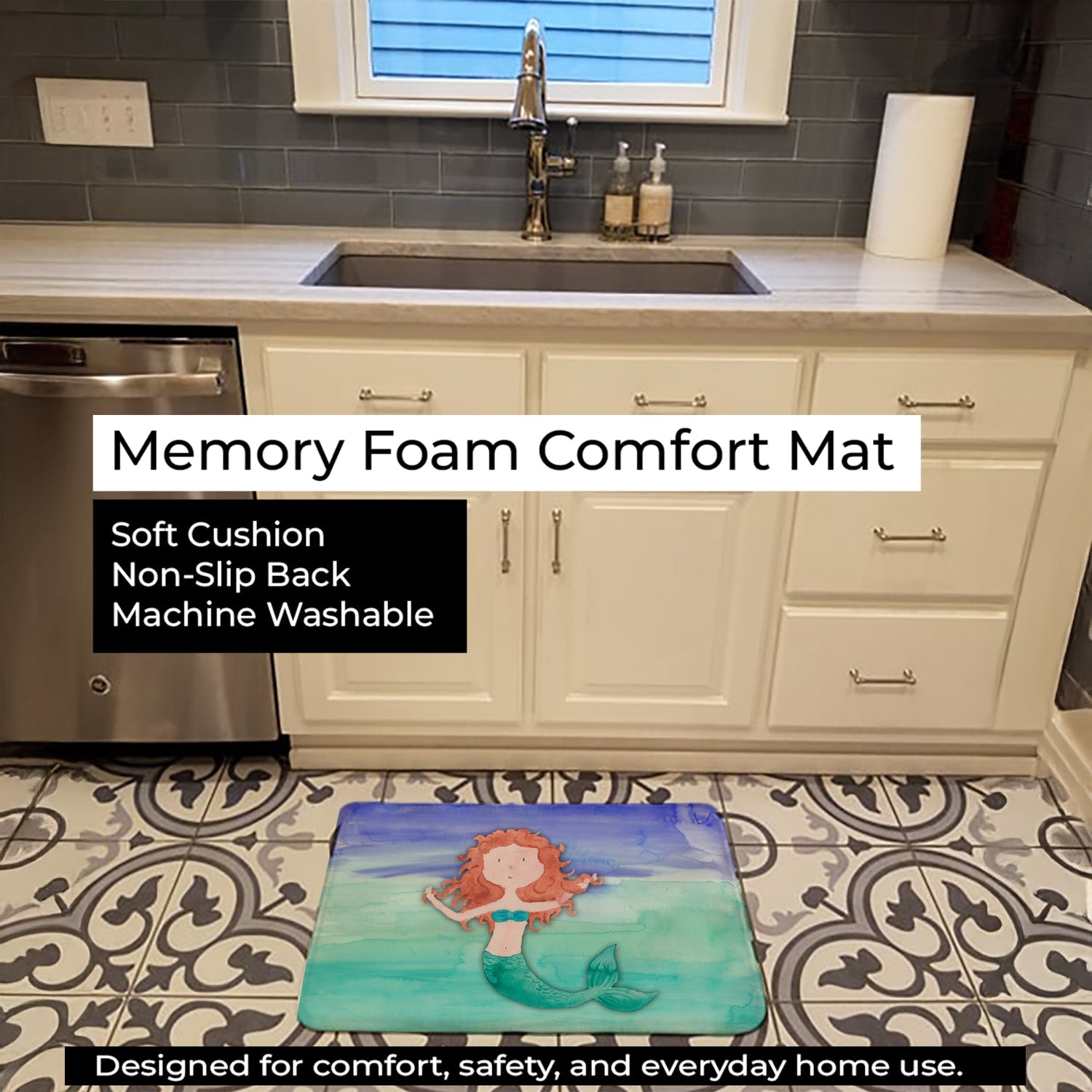 Ginger Mermaid Watercolor Memory Foam Kitchen Mat Machine Washable Anti-Fatigue Cushion Comfort Bath or Kitchen Rug
