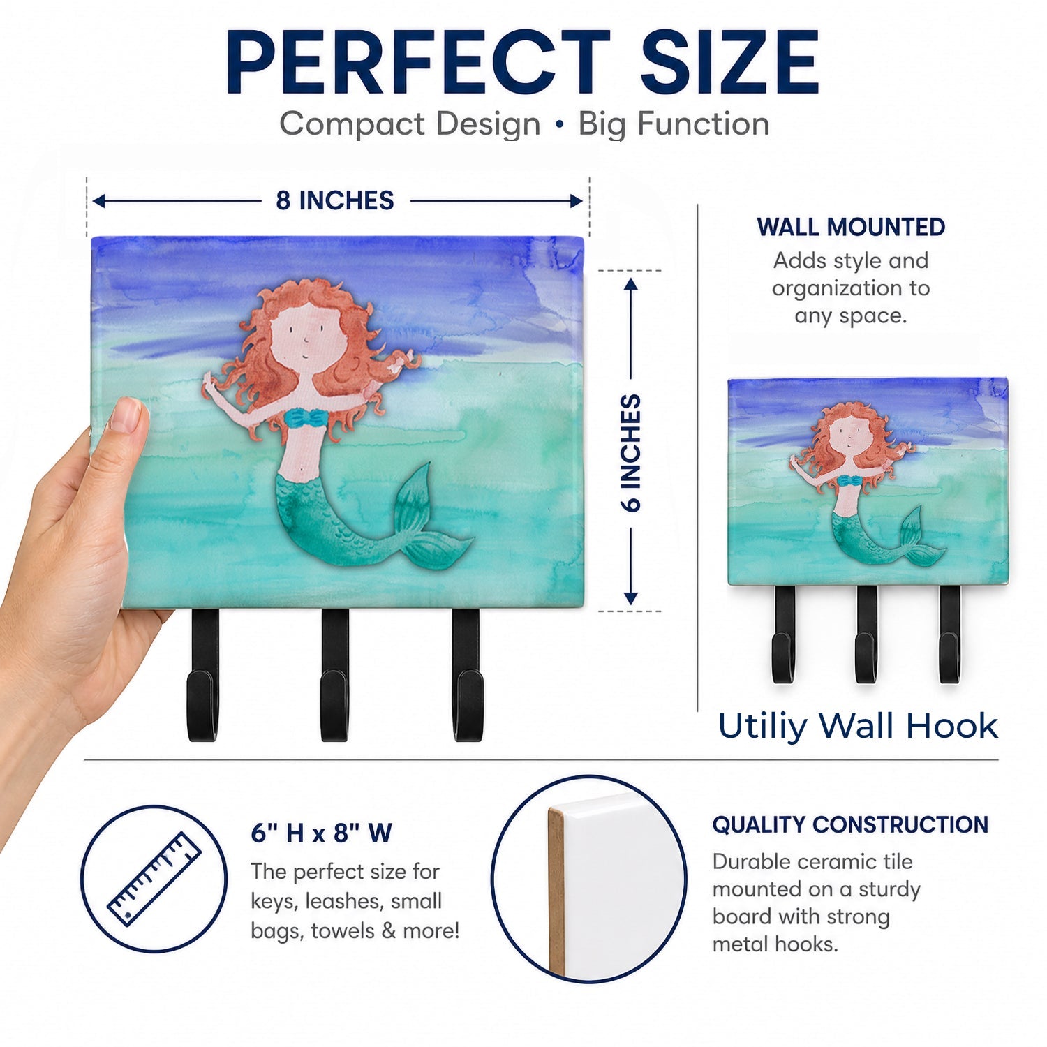 Ginger Mermaid Watercolor Leash or Key Holder Wall Hooks, Coat Rack Wall Mount, for Hanging Keys, Towels, Aprons, Leashes