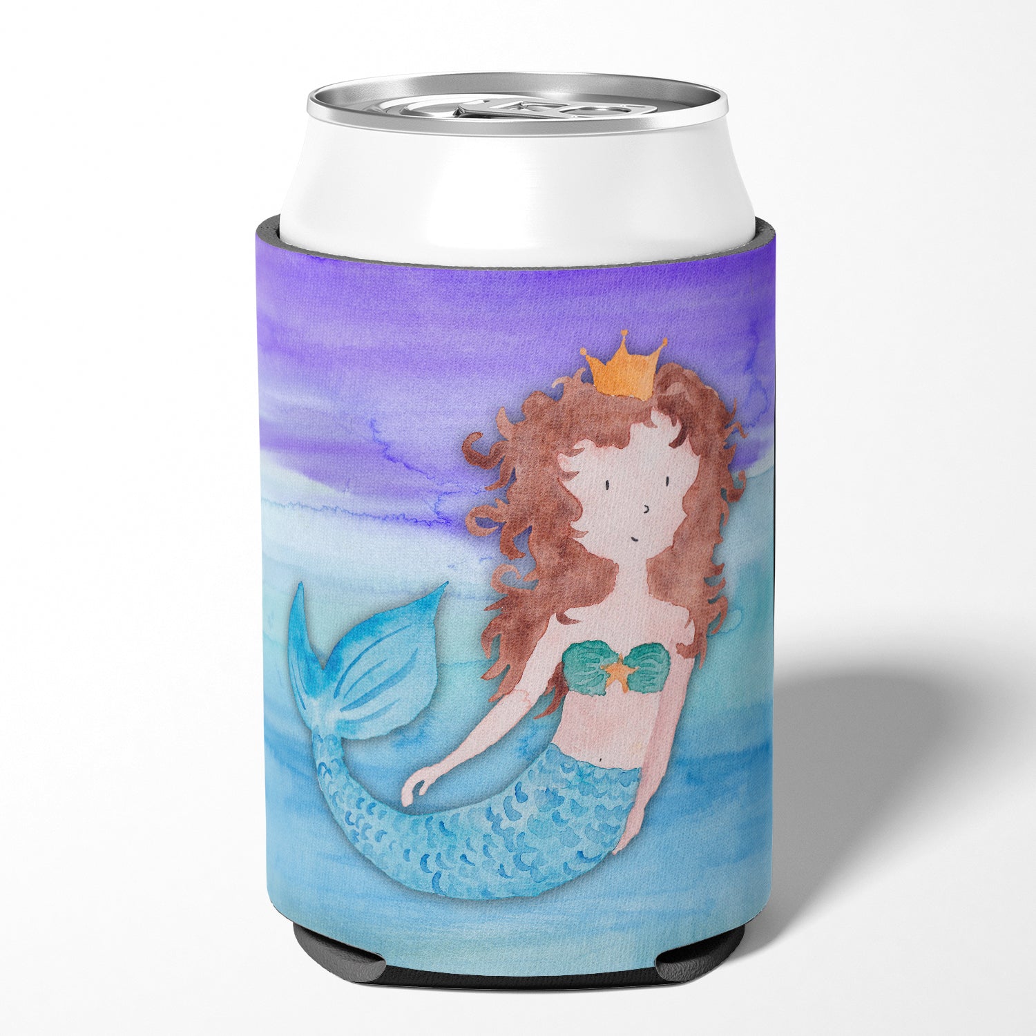 Brunette Mermaid Watercolor Can or Bottle Hugger Cooler Sleeve for Standard 12 oz Cans, Insulated Foam Beer & Soda Can Hugger Reusable