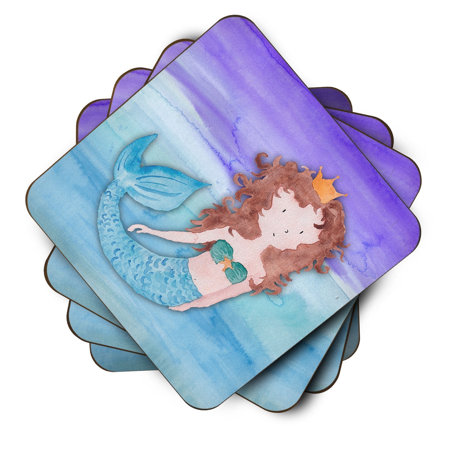 Brunette Mermaid Watercolor Foam Coasters Set of 4 Cup Coasters for Indoor Outdoor, Tabletop Protection, Anti Slip, Mouse pad Material