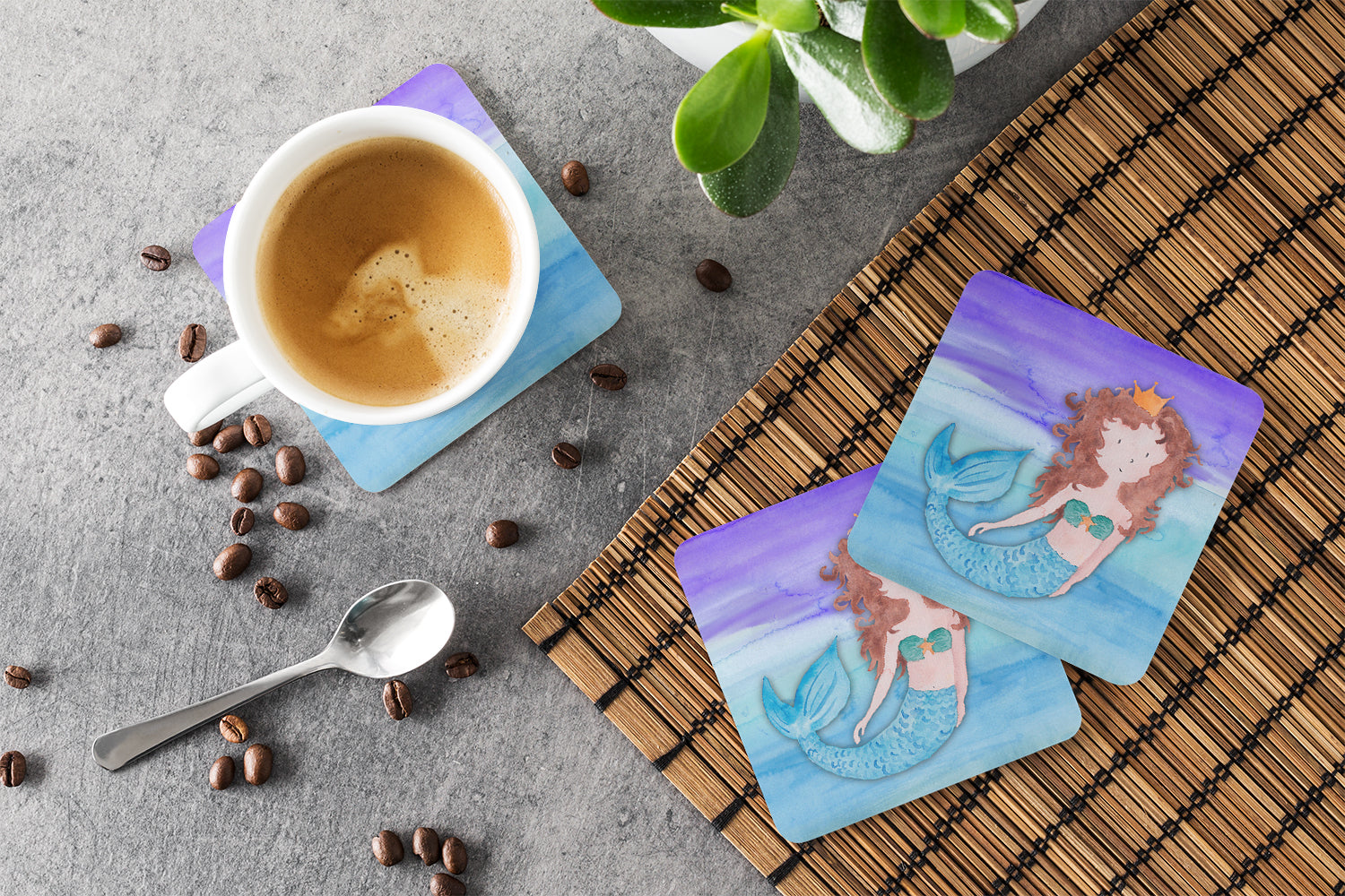 Brunette Mermaid Watercolor Foam Coasters Set of 4 Cup Coasters for Indoor Outdoor, Tabletop Protection, Anti Slip, Mouse pad Material