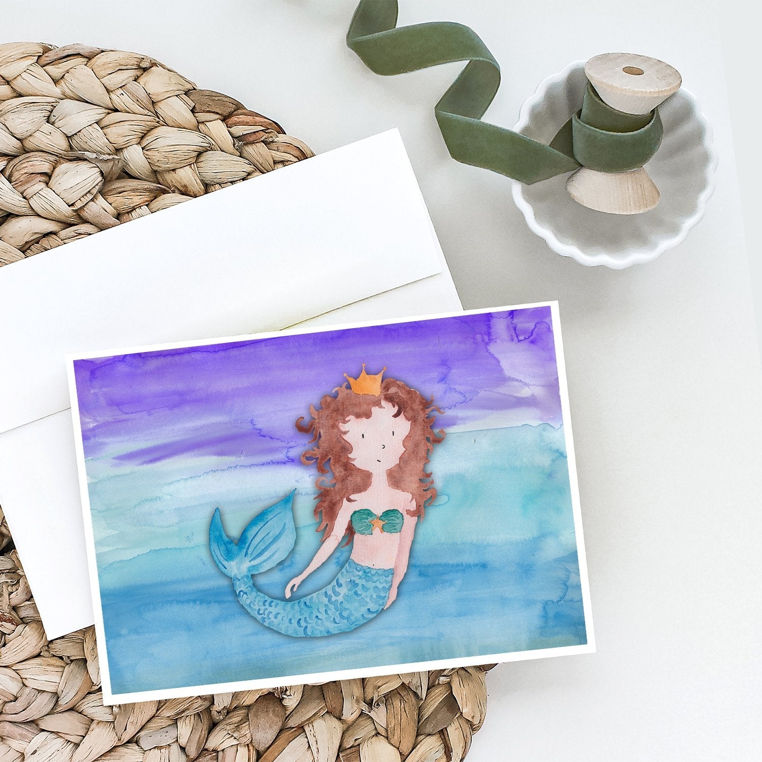 Brunette Mermaid Watercolor Greeting Cards Pack of 8 Blank Cards with Envelopes Whimsical A7 Size 5x7