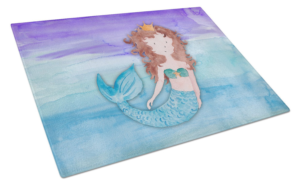 Brunette Mermaid Watercolor Cutting Board Tempered Glass Kitchen Cutting Surface, Heat Resistant Chopping, Non-Slip Feet, Food Prep & Serving