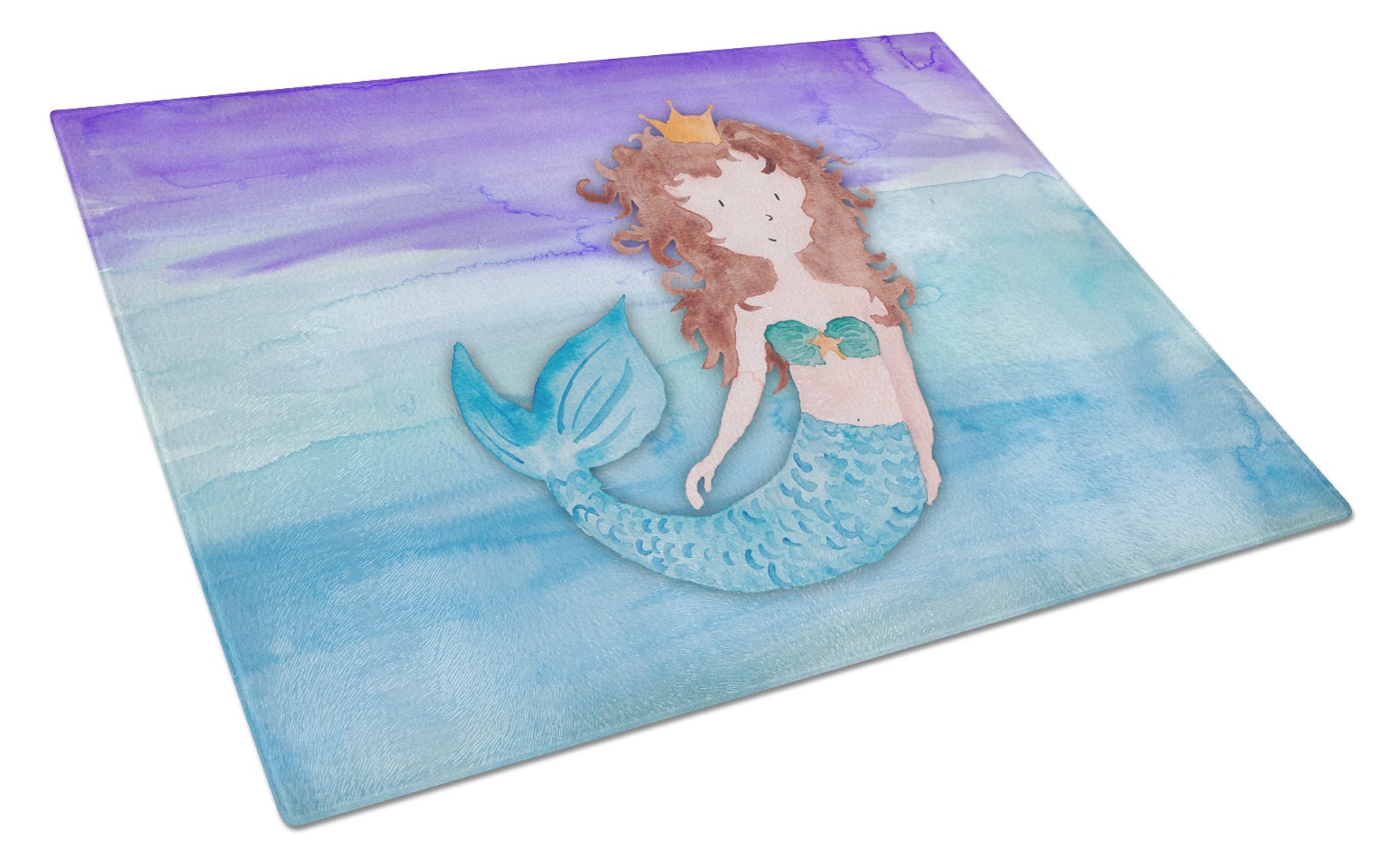 Brunette Mermaid Watercolor Cutting Board Tempered Glass Kitchen Cutting Surface, Heat Resistant Chopping, Non-Slip Feet, Food Prep & Serving