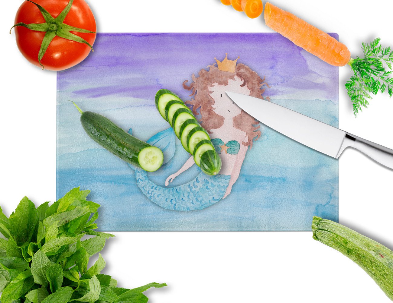 Brunette Mermaid Watercolor Cutting Board Tempered Glass Kitchen Cutting Surface, Heat Resistant Chopping, Non-Slip Feet, Food Prep & Serving