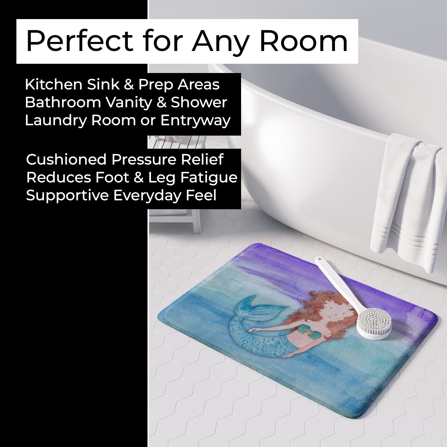Brunette Mermaid Watercolor Memory Foam Kitchen Mat Machine Washable Anti-Fatigue Cushion Comfort Bath or Kitchen Rug