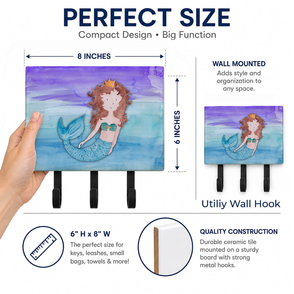 Brunette Mermaid Watercolor Leash or Key Holder Wall Hooks, Coat Rack Wall Mount, for Hanging Keys, Towels, Aprons, Leashes