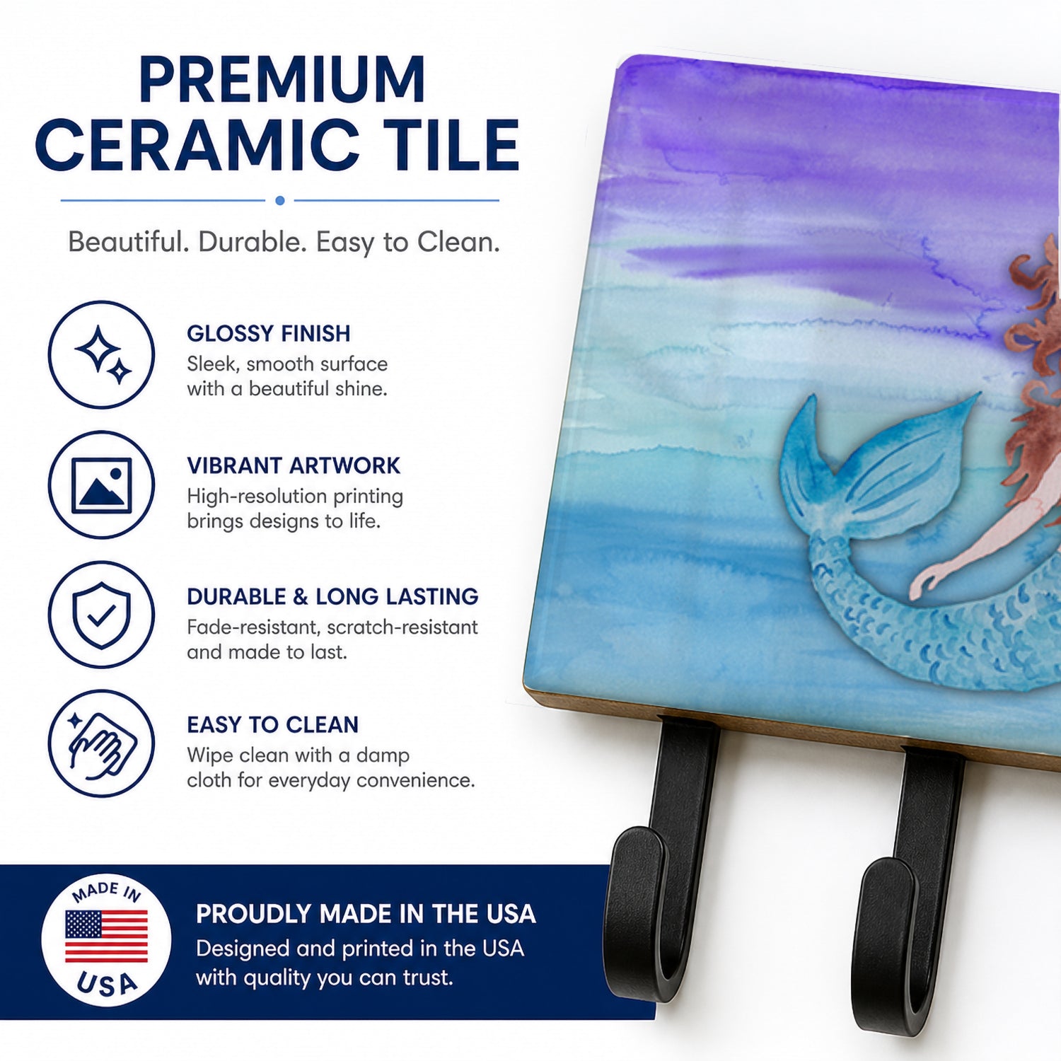 Brunette Mermaid Watercolor Leash or Key Holder Wall Hooks, Coat Rack Wall Mount, for Hanging Keys, Towels, Aprons, Leashes