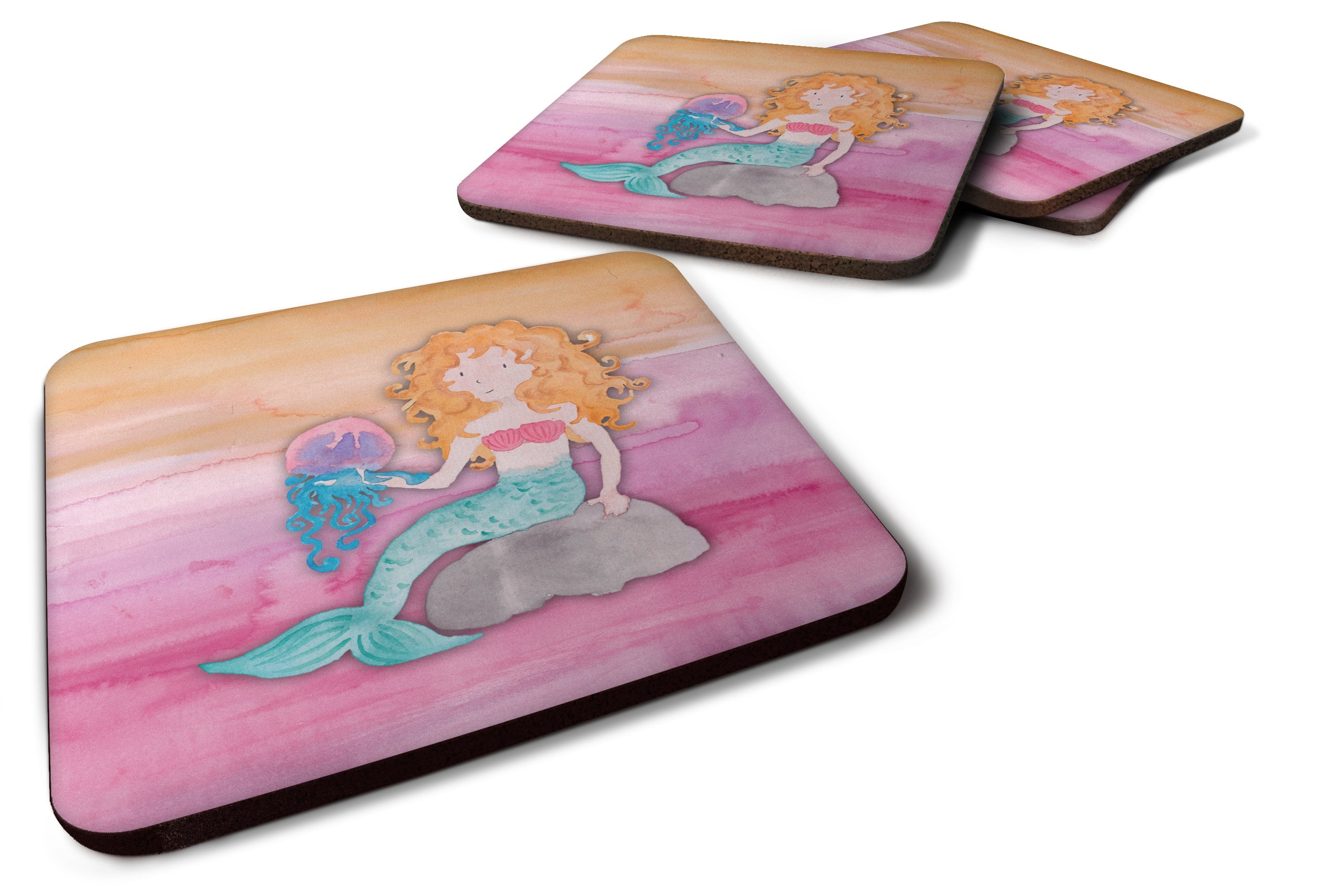 Blonde Mermaid Watercolor Foam Coasters Set of 4 Cup Coasters for Indoor Outdoor, Tabletop Protection, Anti Slip, Mouse pad Material