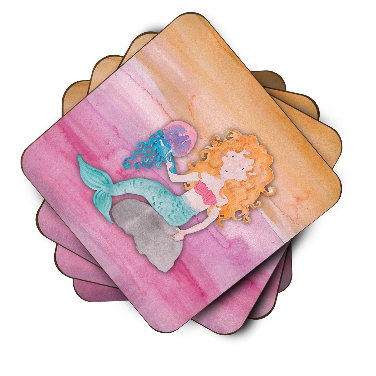 Blonde Mermaid Watercolor Foam Coasters Set of 4 Cup Coasters for Indoor Outdoor, Tabletop Protection, Anti Slip, Mouse pad Material