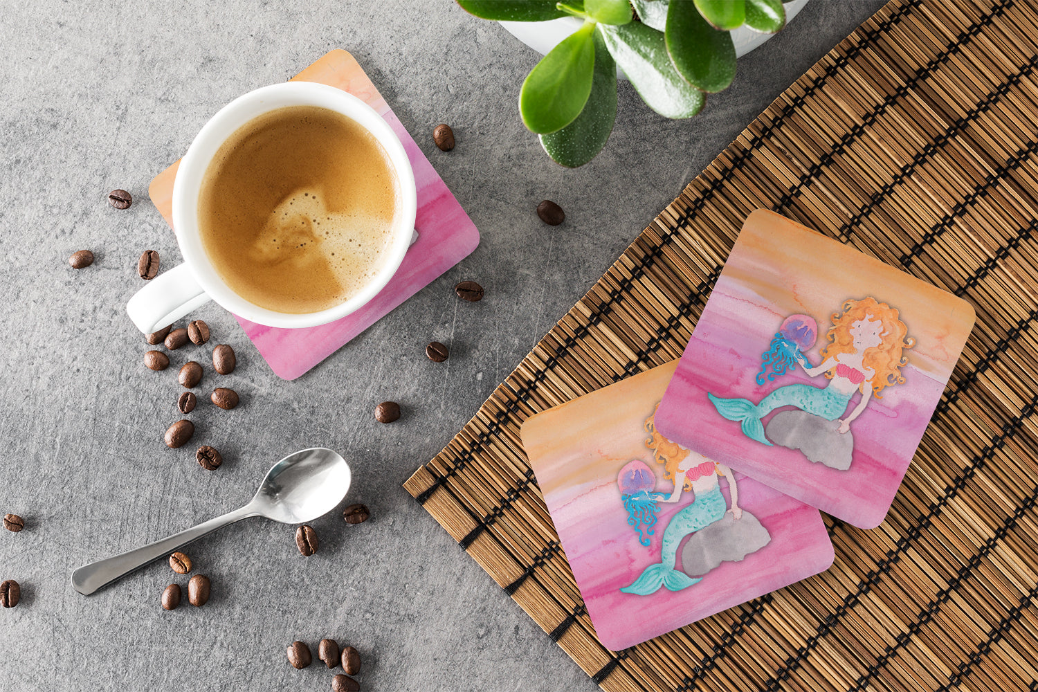 Blonde Mermaid Watercolor Foam Coasters Set of 4 Cup Coasters for Indoor Outdoor, Tabletop Protection, Anti Slip, Mouse pad Material